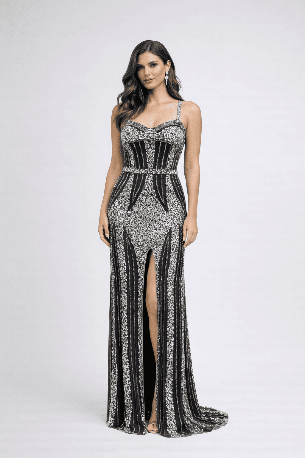 Black & Silver Sequin Corset Evening Gown with Front Slit - HF06 2 Black & Silver Sequin Corset Evening Gown with Front Slit - HF06 2