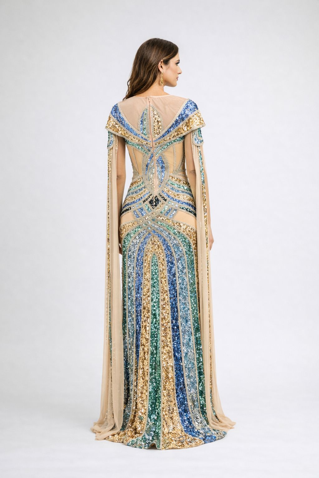 Luxury Hand-Beaded Multicolor Evening Gown with Cape Sleeves My Store 