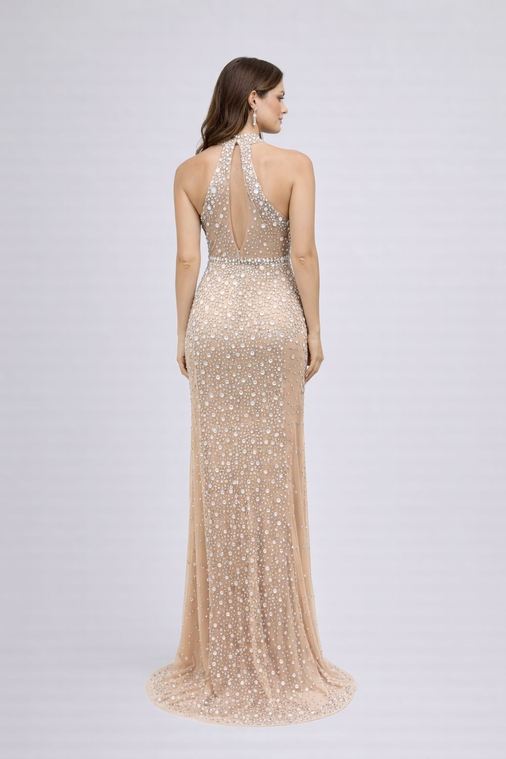 Luxury Champagne Halter-Neck Crystal Beaded Prom Gown with Slit - HF07 Long Dress Hizal Fashions 
