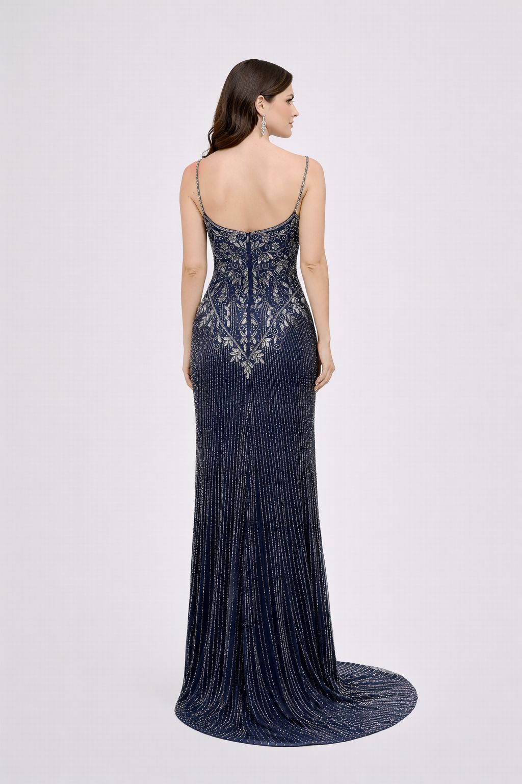 Navy Blue Beaded Spaghetti Strap Prom Gown with Slit - HF15 Long Dress Hizal Fashions 