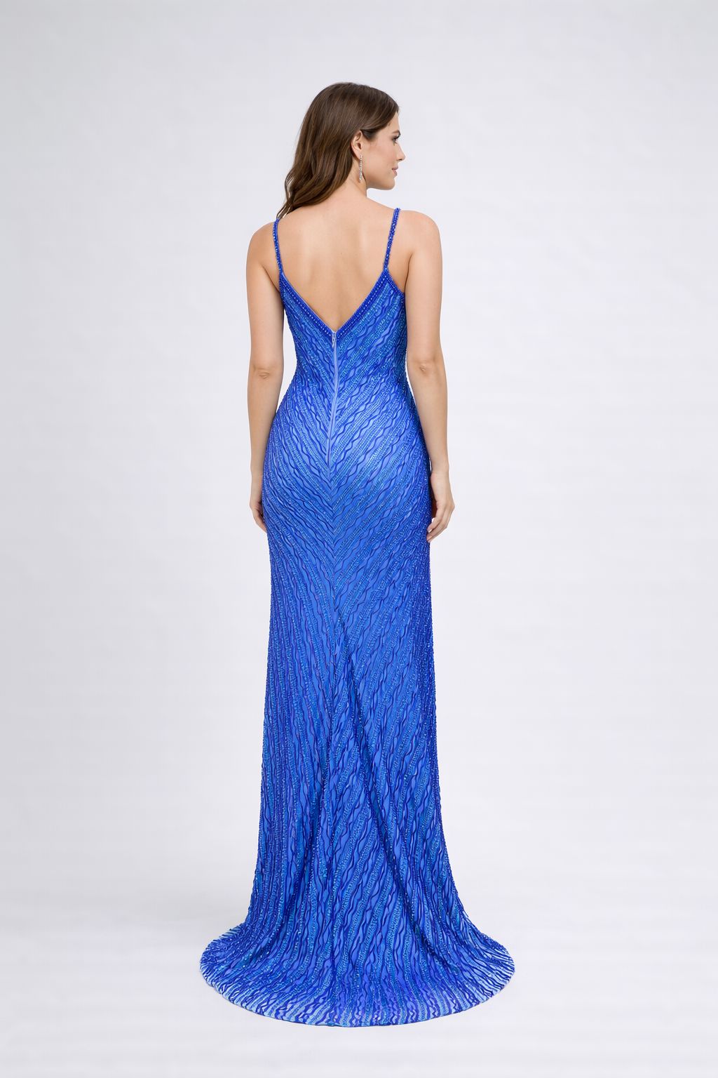 Royal Blue Beaded Prom Gown with Deep V-Neck & Slit - HF05 Long Dress Hizal Fashions 