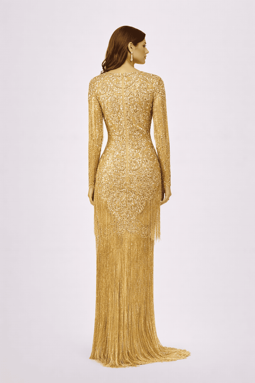 Luxury Gold Hand-Embroidered Fringe Evening Gown - HF32