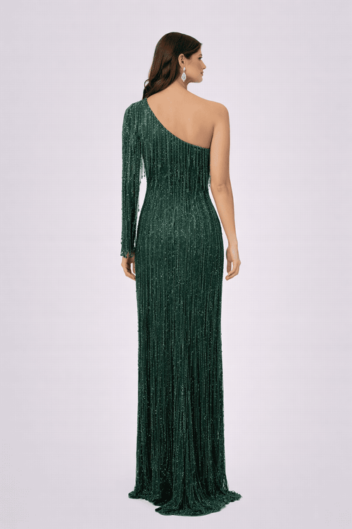 Emerald Green One-Shoulder Sequin Slit Evening Gown - HF49