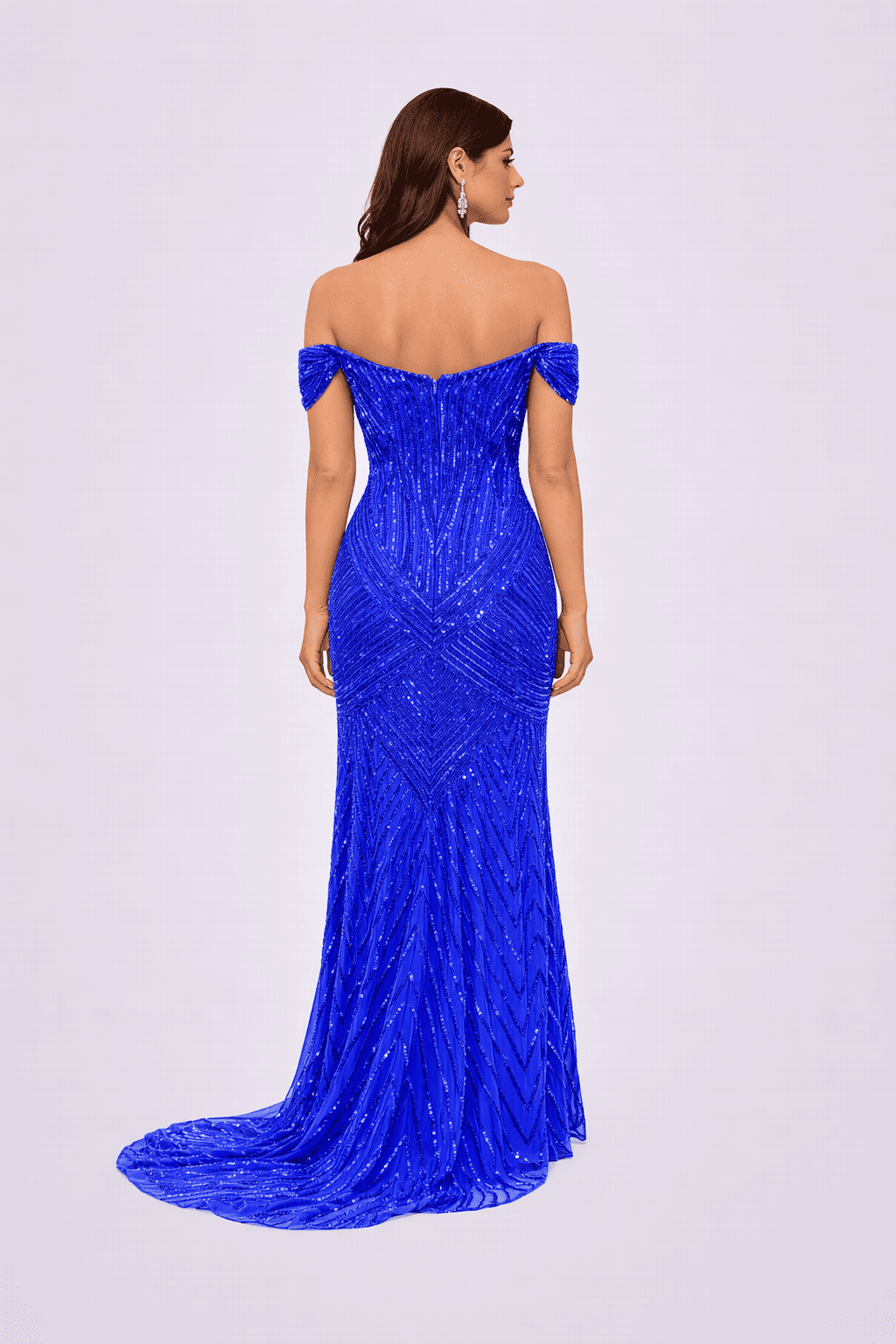 Royal Blue Off-Shoulder Sequin Evening Gown with Slit - HF37
