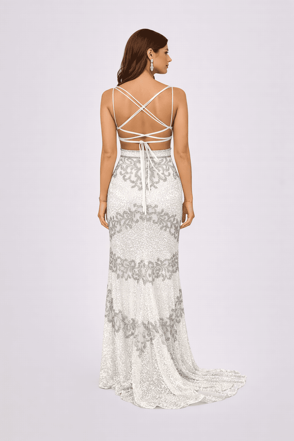 Ivory Silver Embellished Slit Evening Gown with Lace-Up Back - HF40