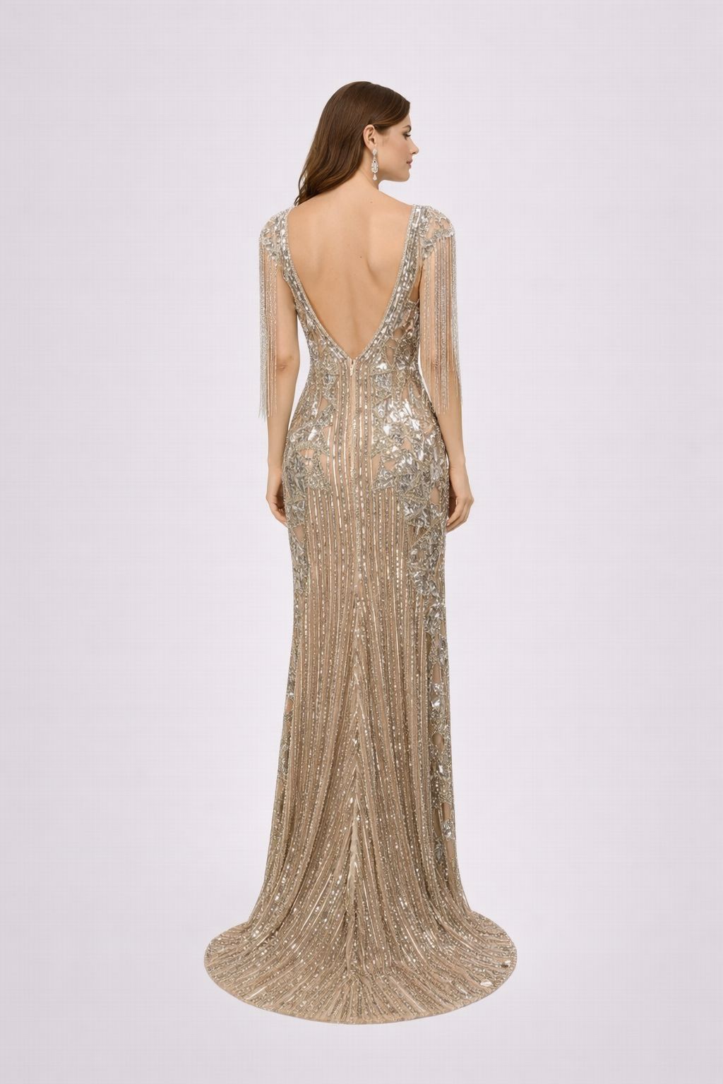 Luxury Champagne Gold Beaded Prom Gown with Fringe Sleeves & Front Slit - HF25 Long Dress Hizal Fashions 