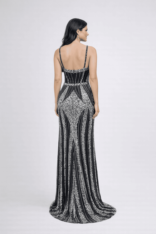 Black & Silver Sequin Corset Evening Gown with Front Slit - HF06