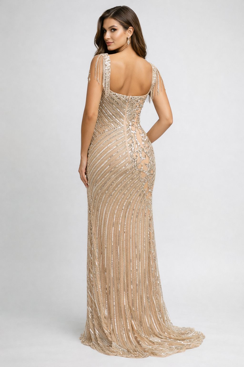 Luxury Champagne Gold Beaded Prom Gown with Slit - HF01 Long Dress Hizal Fashions 