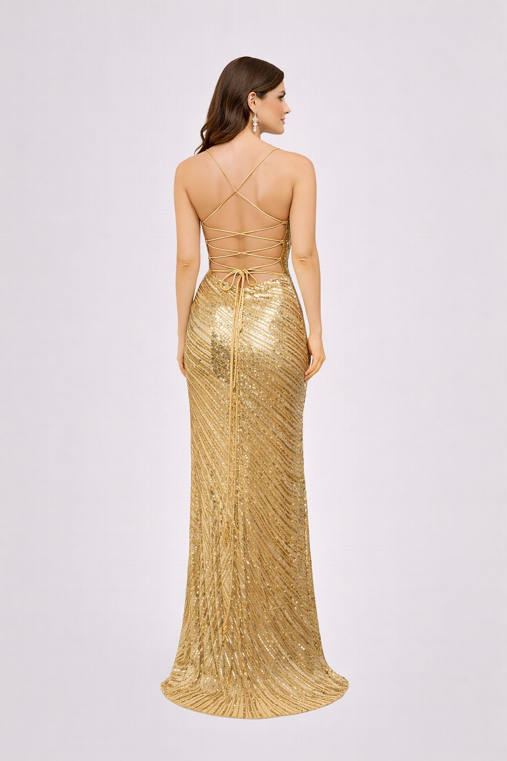 Luxury Gold Sequin Lace-Up Back Slit Prom Gown - HF22 Long Dress Hizal Fashions 