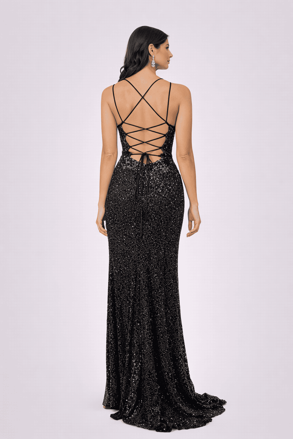 Black Sequin Lace-Up Back Evening Gown with Slit - HF46