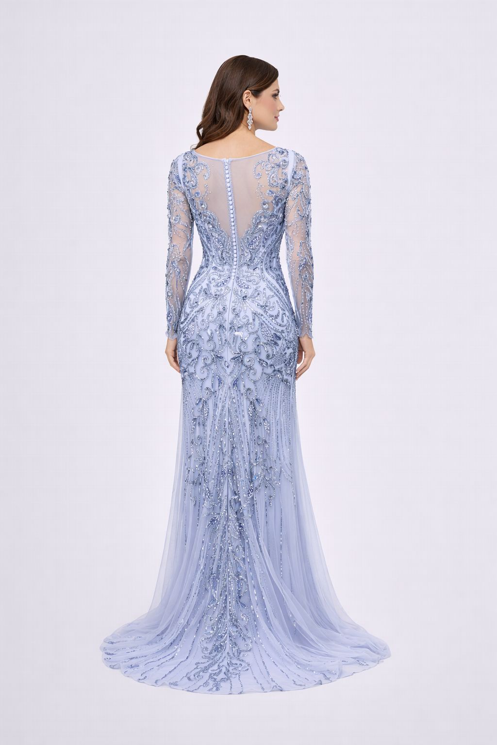 Ice Blue Embroidered Long Sleeve Luxury Prom Gown - HF23 Long Dress Hizal Fashions 