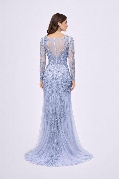 Ice Blue Embroidered Long Sleeve Luxury Prom Gown - HF23 Long Dress Hizal Fashions 