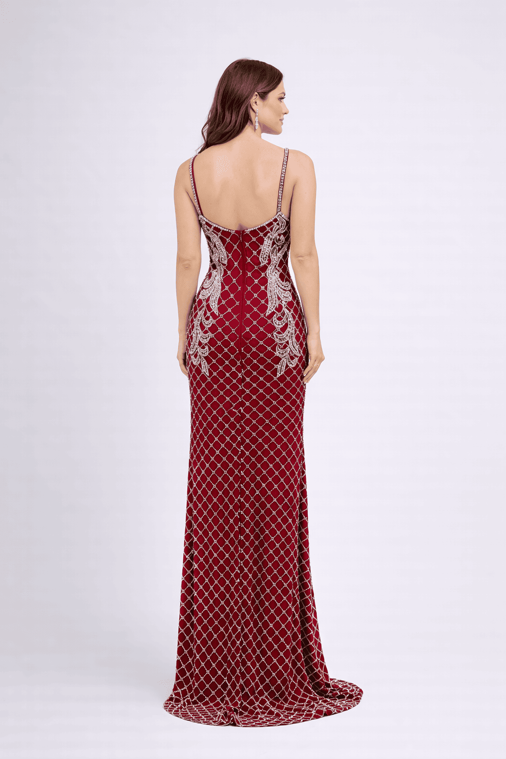 Ruby Red Sequin Embellished Evening Gown with Front Slit - HF08