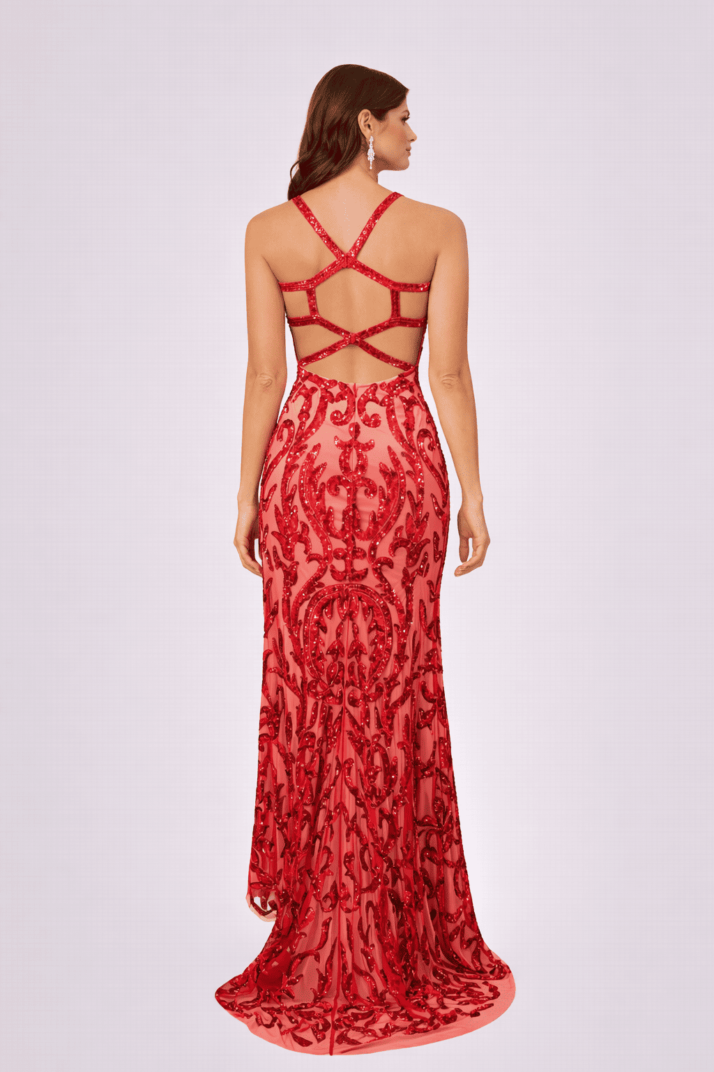 Luxury Red Sequin Embellished Slit Evening Gown - HF47