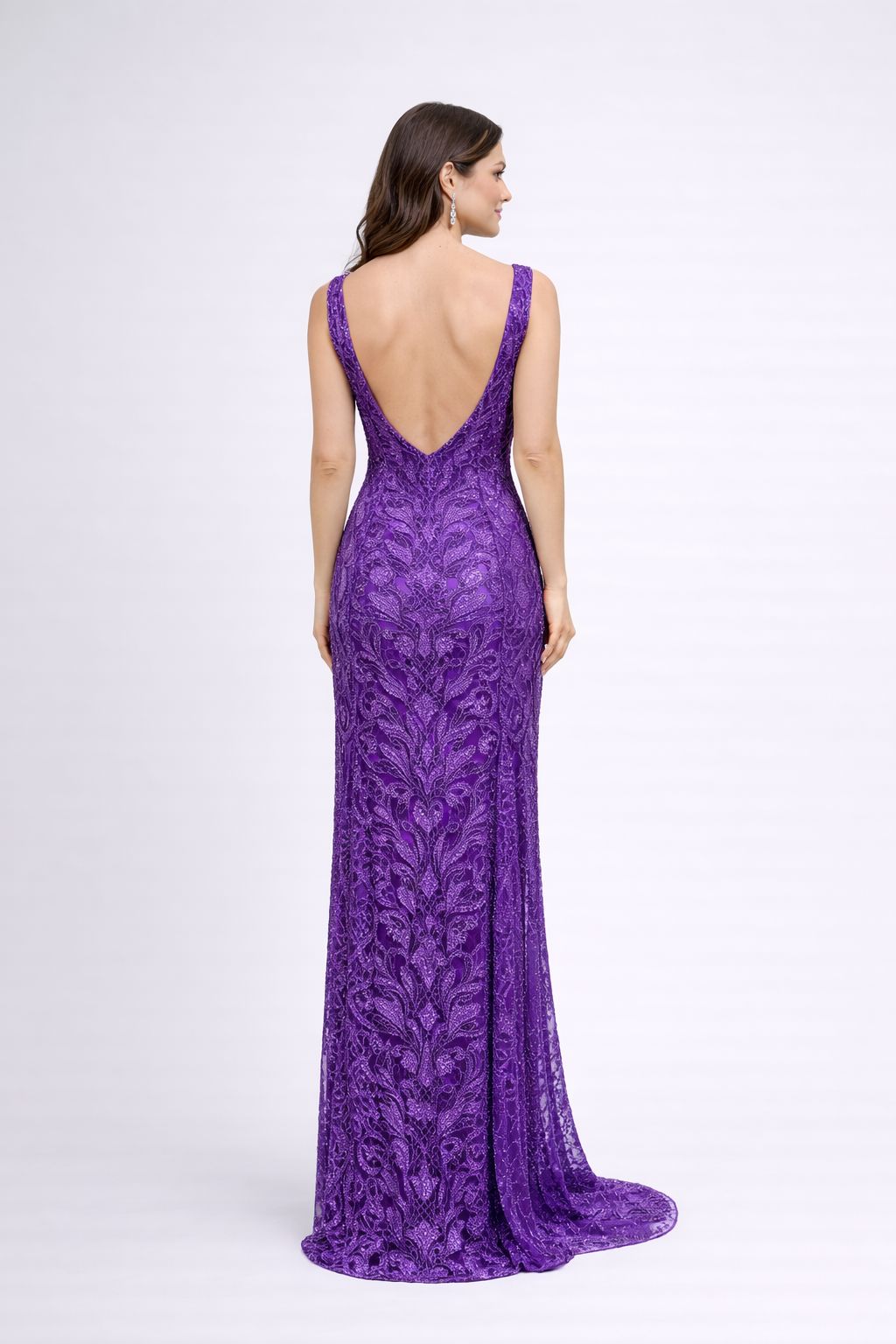 Royal Purple Lace Embroidered Prom Gown with Deep V-Neck - HF09 Long Dress Hizal Fashions 