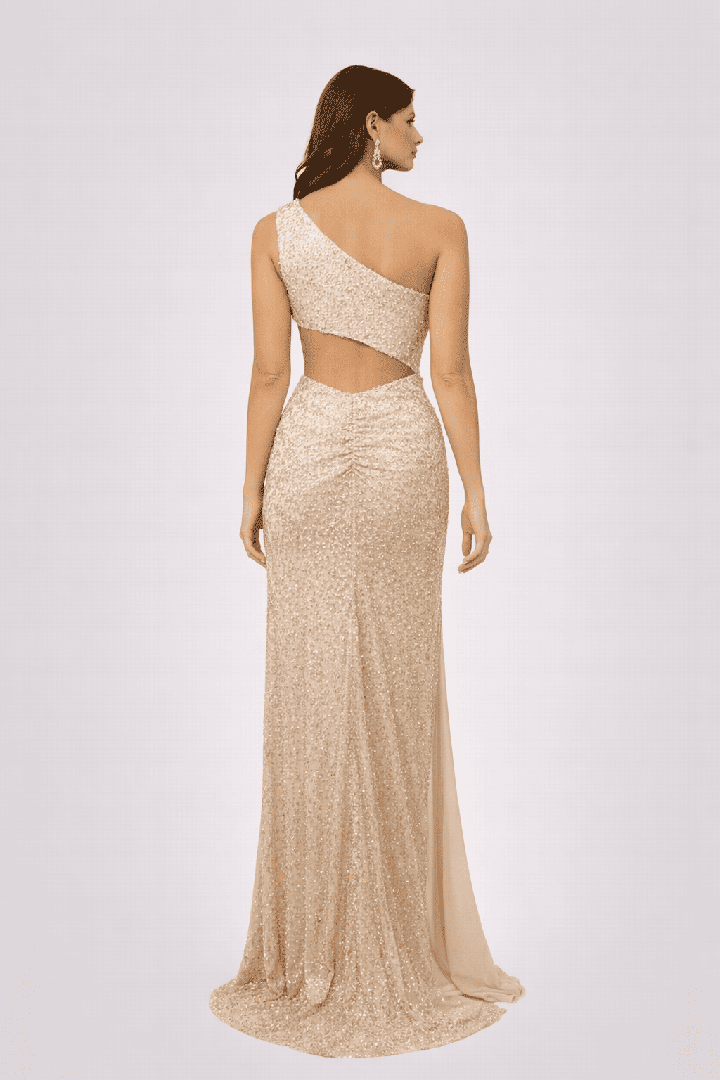 Champagne One-Shoulder Sequin Slit Evening Gown - HF48