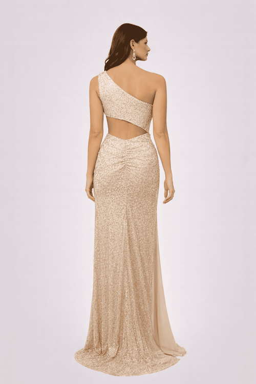 Champagne One-Shoulder Sequin Slit Evening Gown - HF48