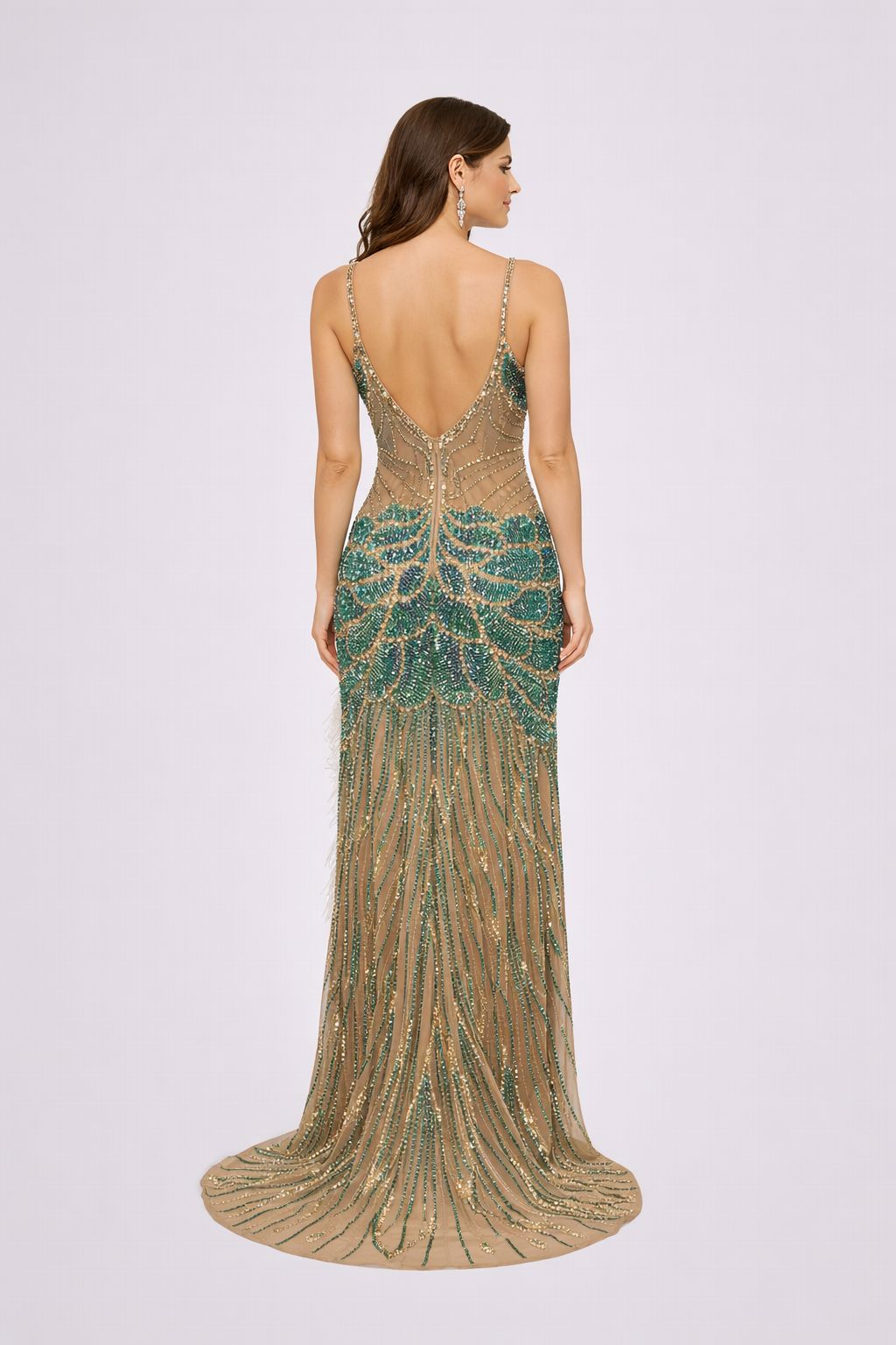 Teal & Gold Crystal Embellished Feather Slit Prom Gown - HF26 Long Dress Hizal Fashions 