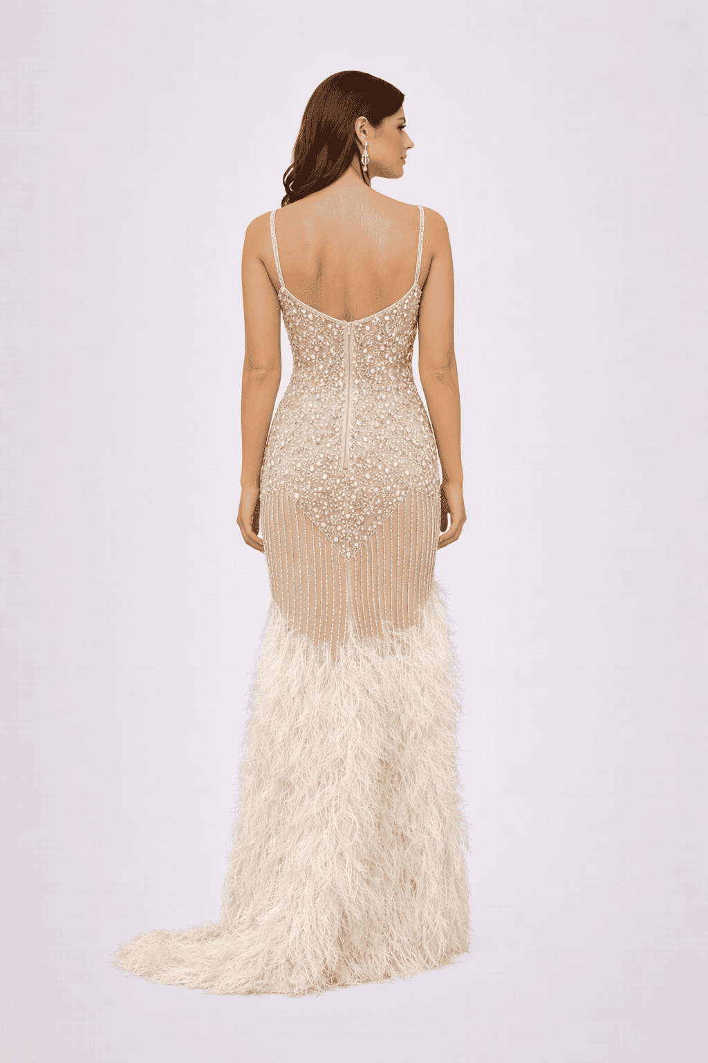 Luxury Nude Crystal & Feather Mermaid Evening Gown - HF35