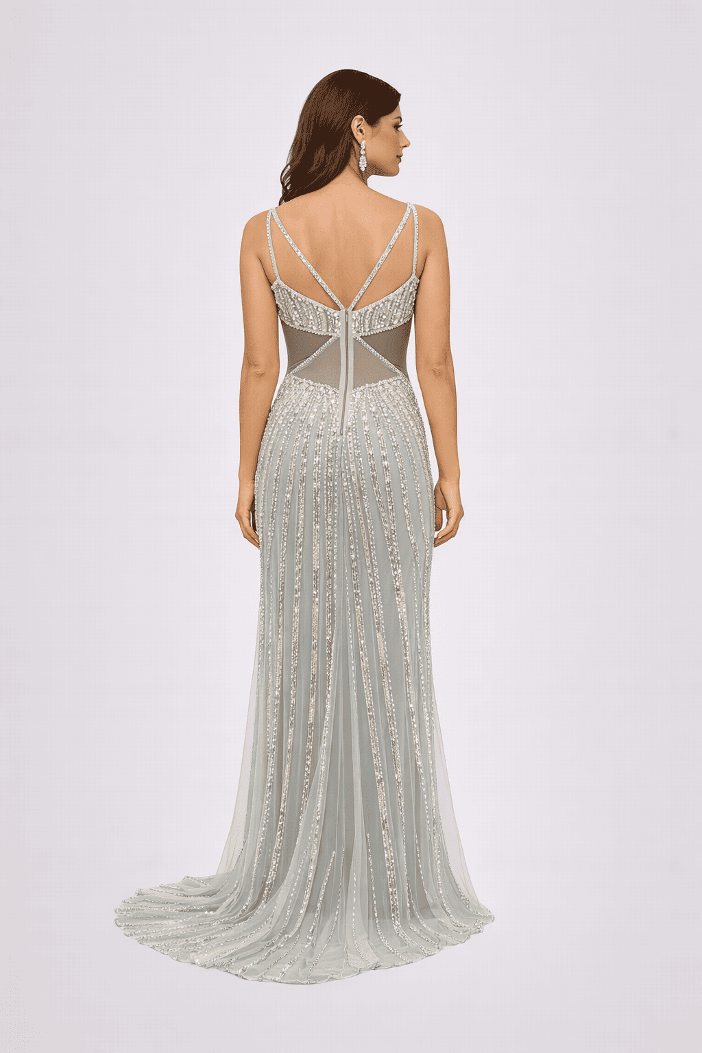 Luxury Silver Grey Embellished Slit Evening Gown - HF36