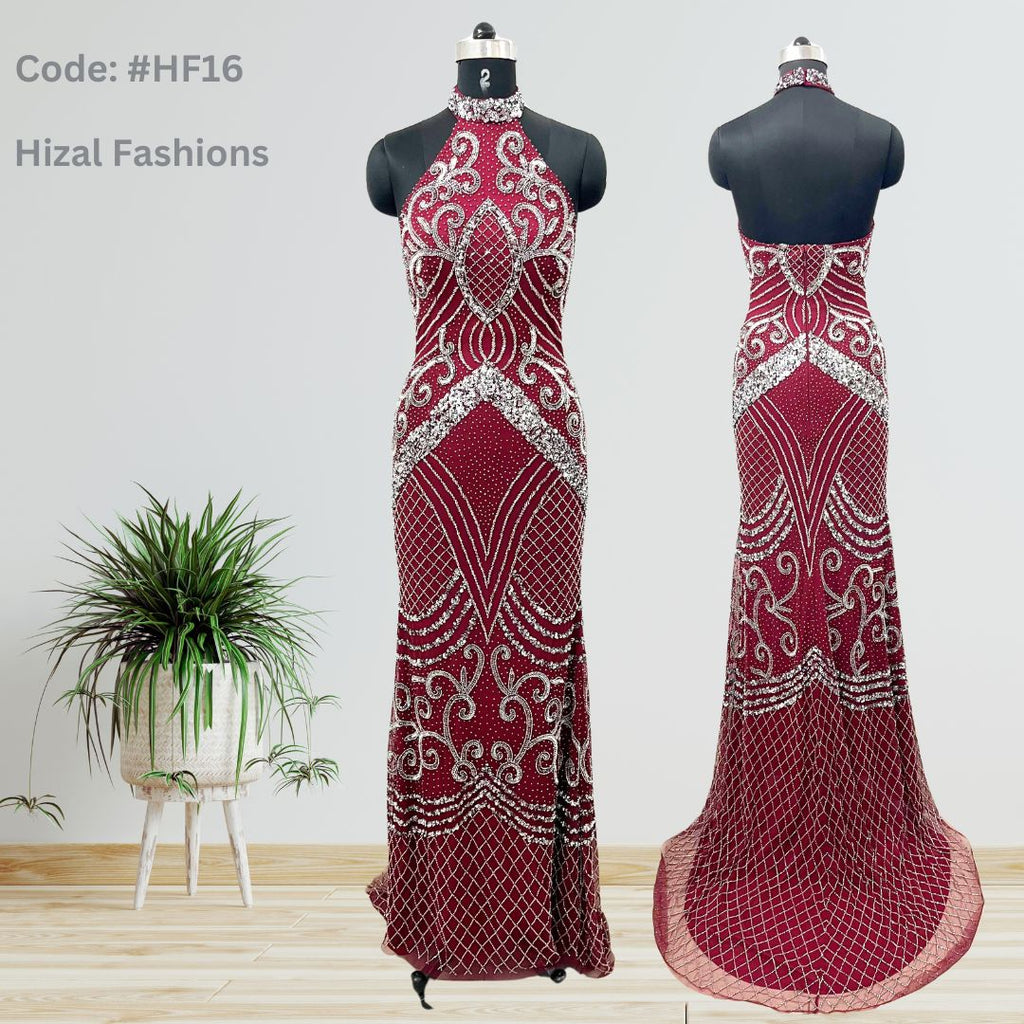 Burgundy Halter Neck Embroidered Prom Gown with Slit - HF16 Long Dress Hizal Fashions 