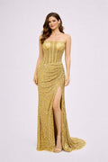 Luxury Gold Strapless Sequin Prom Gown with Slit - HF14 Long Dress Hizal Fashions 