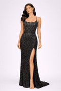 Black Sequin Lace-Up Back Evening Gown with Slit - HF46
