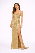 Luxury Gold Sequin Lace-Up Back Slit Prom Gown - HF22 Long Dress Hizal Fashions 
