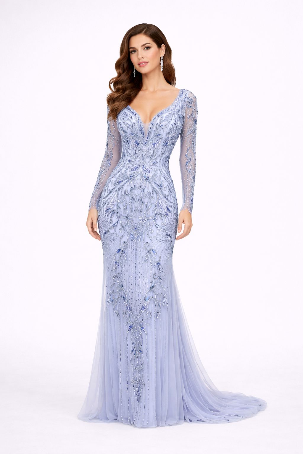 Ice Blue Embroidered Long Sleeve Luxury Prom Gown - HF23 Long Dress Hizal Fashions 