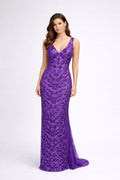 Royal Purple Lace Embroidered Prom Gown with Deep V-Neck - HF09 Long Dress Hizal Fashions 