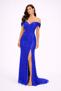 Royal Blue Off-Shoulder Sequin Evening Gown with Slit - HF37