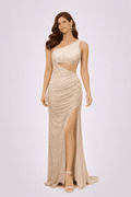 Champagne One-Shoulder Sequin Slit Evening Gown - HF48