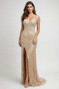 Luxury Champagne Gold Beaded Prom Gown with Slit - HF01 Long Dress Hizal Fashions 