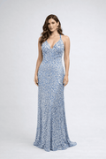 Blue Floral Sequin Backless Mermaid Evening Gown - HF04