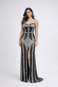 Black & Silver Sequin Corset Evening Gown with Front Slit - HF06