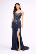 Navy Blue Beaded Spaghetti Strap Prom Gown with Slit - HF15 Long Dress Hizal Fashions 