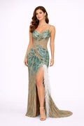 Teal & Gold Crystal Embellished Feather Slit Prom Gown - HF26 Long Dress Hizal Fashions 