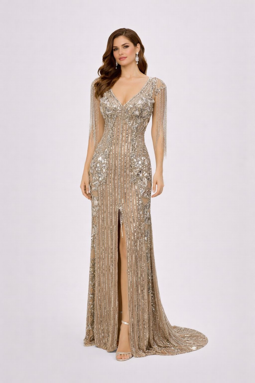 Luxury Champagne Gold Beaded Prom Gown with Fringe Sleeves & Front Slit - HF25 Long Dress Hizal Fashions 